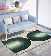 Machine washable green area rug with vintage arch pattern.